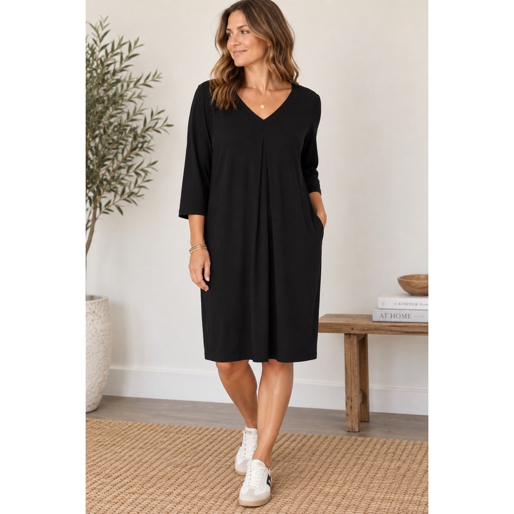 NWT J. Jill Wearever Collection Black V-Neck Pleated Pocket Dress MP Petite